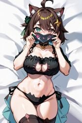 ai_generated blush brown_hair catgirl face_hidden heterochromia huge_breasts lingerie meica nervous on_bed ricochetk virtual_youtuber vtuber wide_hips