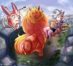 anthro balls big_balls big_breasts big_penis breasts city city_background eeveelution female flareon generation_1_pokemon generation_6_pokemon genitals hi_res huge_balls huge_cock hyper hyper_balls hyper_genitalia hyper_penis lsheena macro male male/female micro muscular muscular_anthro muscular_male nintendo open_mouth penis pokemon pokemon_(species) size_difference sylveon tongue tongue_out