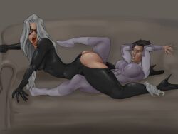 anissa artist_request ass ass_focus big_breasts black_cat_(marvel) black_hair blue_eyes catsuit cleft_of_venus clenched_teeth clothed clothed_sex couch crossover felicia_hardy gray_eyes invincible long_hair looking_at_ass looking_pleasured marvel marvel_comics mouth_open ripped_clothing short_hair spider-man_(series) tribadism tribadism_through_clothing white_hair yuri