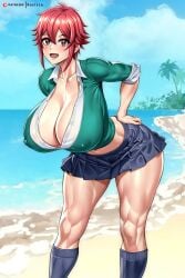 1girls aizawa_tomo big_breasts breasts breasts_bigger_than_head cleavage female female_only huge_breasts kactzzu large_breasts muscular muscular_female muscular_thighs red_eyes red_hair school_uniform short_hair tomboy tomo-chan_wa_onna_no_ko