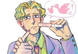 blushing_at_viewer cursed diamond_is_unbreakable funny hand_pregnancy implied_mpreg implied_sex ironic jojo's_bizarre_adventure joke male/male male_focus male_only male_pregnancy mpreg pregnancy_test pregnant_male twink twunk yoshikage_kira