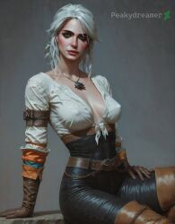 ai_generated ciri clothing female green_eyes light-skinned_female nipples_visible_through_clothing peakydreamer scar solo the_witcher_(series) the_witcher_3:_wild_hunt white_hair