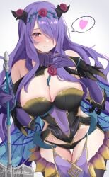 1girls absurdres alternate_costume bare_thighs black_panties blush breasts camilla_(fire_emblem) camilla_(resplendent)_(fire_emblem) cleavage elbow_gloves female female_only fire_emblem fire_emblem_fates fire_emblem_heroes flower gloves hair_over_one_eye highres holding inner_thighs large_breasts long_hair looking_at_viewer nintendo official_alternate_costume panties peli_cantaro purple_eyes purple_gloves purple_hair red_flower red_rose rose smile solo thighs twitter_username underwear