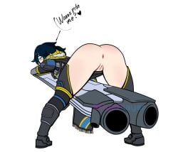 anus armor ass bending_over bent_over blue_eyes blue_hair blush bungie destiny_(game) destiny_2 dialogue guardian_(destiny) hunter_(destiny) no_panties pantless ponytail presenting presenting_anus presenting_hindquarters presenting_pussy pussy ryeplayer spread_legs text vagina