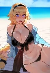 1boy 1girls ai_generated artstyle_imitation beach blonde_hair blue_eyes braided_hair breasts dark-skinned_male dark_skin fate/grand_order fate_(series) female floox hi_res huge_breasts huge_cock interracial jeanne_d'arc_(fate) jeanne_d'arc_(swimsuit_archer) light-skinned_female light_skin long_hair male outdoors penis stable_diffusion thiccwithaq_(ai_style) thick_thighs uncensored