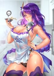 1girls apron artist_name big_breasts black_panties blush braided_hair breasts genshin_impact hair_ornament highres kitchen lena_dai lenadai looking_at_viewer mature_female panties pose purple_eyes purple_hair raiden_shogun sideboob skull_symbol solo soup soup_ladle sweatdrop thick_thighs thighhighs wide_hips