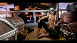 1boy abs barefoot cum daemoncollection erection green_hair male_focus male_only muscular one_piece penis roronoa_zoro sitting solo sword weapon