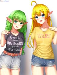 2girls :d absurdres ahoge belt black_shirt blonde_hair blue_eyes blush braid breasts brown_belt clothes_writing collarbone commission commissioner_upload denim denim_shorts earrings elf english_language english_text euphemy_sylvaine flat_chest green_eyes green_hair grey_shorts highres jewelry large_breasts long_hair looking_at_viewer lori_hagami lotte_farona multiple_girls official_art open-mouth_smile open_mouth patreon_username pointy_ears shirt shirt_tucked_in short_shorts short_sleeves shorts smile t-shirt twin_braids username ways_of_darkness_(series) yellow_shirt