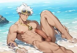 1boy abs ai_generated ai_golden_map balls beach bracelet erect_penis guzma_(pokemon) in_water legs_apart looking_at_viewer male_focus male_only muscular muscular_male naked naked_male necklace nipples novelai outdoors pecs penis pokemon pokemon_sm pubic_hair smiling sunglasses sunglasses_on_head tagme tattoos white_hair