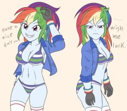 angry belly belly_button big_breasts bikini black_gloves blue_clothing blue_jacket deviantart deviantart_link english_text equestria_girls female female_only half_naked happy hasbro jacket jacket_open large_breasts multicolored_hair my_little_pony partially_clothed rainbow_dash_(eg) rainbow_dash_(mlp) rainbow_dash_(sumin630) rainbow_hair simple_background solo striped_bikini striped_bra striped_panties sumin6301 white_legwear white_thighhighs