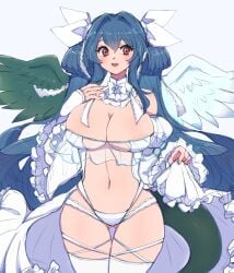 1girls angel_wings asymmetrical_wings bare_shoulders blue_hair blush bow bowtie breasts center_opening cleavage clothes_lift collar covered_erect_nipples curvy detached_collar detached_sleeves dizzy_(guilty_gear) dress female frilled_collar frilled_dress frilled_skirt frills garter_belt gluteal_fold guilty_gear hair_between_eyes hair_ornament hair_ribbon hair_rings hand_on_own_chest highres juliet_sleeves large_breasts long_hair long_sleeves looking_at_viewer mature_female monster_girl navel open_mouth panties puffy_sleeves red_eyes ribbon see-through simple_background skindentation skirt skirt_lift solo tail thick_thighs thigh_gap thighhighs thighs twintails underwear usachess_maru white_background white_bow white_bowtie white_panties white_ribbon white_thighhighs wide_hips wings