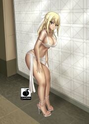 1girls artist_logo artist_name artist_signature big_breasts blonde blonde_female blonde_hair busty earrings eyelashes fairy_tail female female_only foot_fetish hair_bow half_naked high_heel_fetish high_heels hoop_earrings huge_breasts large_breasts linkartoon looking_at_viewer lucy_heartfilia revealing_clothes solo solo_female thick_thighs thighs twitter_link white_bow