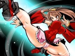 1girls arc_system_works brown_eyes brown_hair chiru erect_nipples_under_clothes guilty_gear kick kuradoberi_jam panties smile tagme