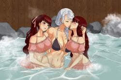 1woman 3girls age_difference big_breasts bikini breasts closed_eyes crossover eastern_and_western_character female female_only hair_tied hand_in_hair hand_on_ass hand_on_hip hand_on_thigh hotsprings huge_breasts kasumi_yoshizawa kissing large_breasts megami_tensei milf multiple_girls older_female older_woman_and_teenage_girl older_woman_and_younger_girl persona persona_5 persona_5_royal ponytail red_eyes red_hair rwby sisters sumire_yoshizawa swimsuit teenage_girl teenager threesome tongue_kiss twin_sisters weird_crossover white_hair willow_schnee xelaroseart younger_female yuri