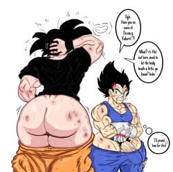 2boys angry_symbol annoyed annoyed_expression arguing back_view background_character battle_damage big_ass big_butt black_clothing black_hair bleeding_from_mouth blood blue_clothing bruise dialog digital_drawing_(artwork) digital_media_(artwork) dragon_ball dragon_ball_heroes dragon_ball_super dragon_ball_z erect_nipples_under_clothes erect_penis erection facing_away_from_viewer gloves goku gym_uniform himbo kojoarts light-skinned_male male male/male male_only martial_arts_uniform men muscular_male nsfw pants_around_thighs pants_down penis penis_out penis_visible_through_pants prince_vegeta rough saiyan scratches scratching_head shonen_jump smile smiling son_goku speech_bubble spiky_hair sweat sweatdrop text_bubble thick_ass thick_thighs training twitch_lines twitching_penis vegeta veiny_penis voluptuous white_background wide_hips wide_thighs