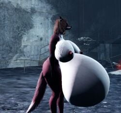 breasts_bigger_than_head disintegration fallout fallout_4 furry huge_belly huge_breasts huge_nipples huge_thighs laser_gun robot synth_(fallout) vore vore_belly vulpine