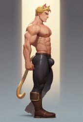 1boy 2024 ai_generated bara barazoku big_bulge blonde_hair bulge cat_ears cat_tail clothing harkonak male male_nipples male_only muscular_male tail tight_clothing