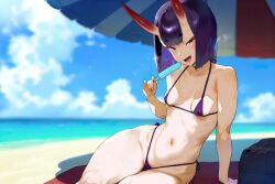 ai_generated beach bikini ice_cream popsicle purple_eyes purple_hair seapine shuten_douji_(fate) small_breasts