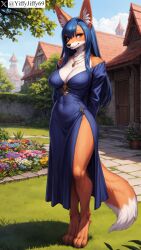 1girls ai_generated animal_ear_fluff animal_ears animal_nose anthro arms_behind_back artist_name bangs bare_shoulders barefoot blue_dress blue_eyes blue_hair blue_sky blush body_fur breasts brick_wall building canid canine cleavage closed_mouth clothing cloud covered_navel day dress feet female female_only flower fox fox_ears fox_girl fox_tail full_body fur furry furry_female grass hair happy jewelry large_breasts long_hair long_sleeves looking_at_viewer mammal nature necklace off_shoulder outdoors path patreon_username plant purple_flower road side_slit sky smile snout solo stable_diffusion standing tail tree twitter twitter_username two_tone_fur watermark white_fur yiffyjiffy69