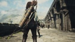 3d ass ass_focus back_view behind_view black_pants blurred_background blurry_background bow bow_(weapon) bow_and_arrow bridge brown_hair clothed clothing day daytime dragon's_dogma dragon's_dogma_2 female female_focus from_behind fully_clothed game_cg gameplay_screenshot human in-game leather leather_boots leather_clothing leather_leggings leather_pants leggings medieval medieval_clothing medieval_fantasy medieval_weapon npc outdoor outdoors outside pants quiver screenshot sky tight_clothes tight_clothing tight_fit tight_pants tunic ulrika_(dragon's_dogma) white_shirt