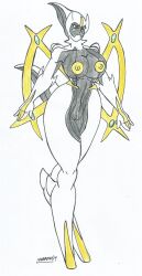 anthro arceus big_breasts big_hips furry game_freak gold_(metal) gold_nipples marlon64 naked_female nintendo pokémon_(species) pokemon pokemon_dppt solo_female traditional_drawing_(artwork) white_background white_body white_skin