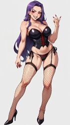 1girls ai_generated big_breasts cleavage corset earrings eleanor_handford evil_grin female female_only fishnet_legwear fishnets high_heels large_breasts long_hair looking_at_viewer navel notacthulhu original_character purple_hair red_eyes side-tie_panties smile solo solo_female vampire vampire_girl very_long_hair white_background