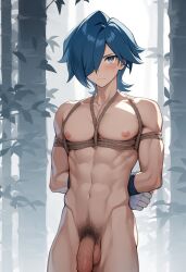 1boy abs ai_generated ai_golden_map balls belly_button blue_eyes blue_hair bondage falkner male_only nipples novelai pecs penis pokemon pokemon_gsc pokemon_hgss pubic_hair rope_bondage soft_penis tagme tied_up twink