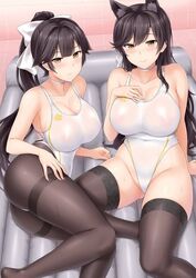 2girls animal_ears atago_(azur_lane) azur_lane black_hair large_breasts long_hair looking_at_viewer multiple_girls pantyhose pantyhose_under_swimsuit stockings swimsuit takao_(azur_lane) thighband_pantyhose thighhighs white_swimsuit yellow_eyes