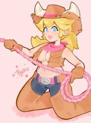 1girl 1girls 2024 2d 2d_(artwork) absurd_res absurdres bandana bare_arms belly_button belt belt_buckle blonde blonde_female blonde_hair blonde_hair_female blue_eyes boobs breasts brown_gloves brown_vest cleavage clothed clothed_female clothing covered_nipples cow_horns cow_print cow_print_legwear cowgirl cowgirl_hat cowgirl_outfit cowgirl_peach denim digital_drawing_(artwork) digital_media_(artwork) exposed_midriff female female_focus female_only gloves hi_res high_resolution highres jeans lasso light-skinned_female light_skin looking_at_viewer mario_(series) midriff navel nintendo no_bra no_bra_under_clothes official_alternate_costume on_knees p1nku pants pink_background pink_belt pink_lips ponytail princess_peach princess_peach:_showtime! scarf simple_background smile smiling smiling_at_viewer solo solo_female solo_focus tits vest watermark