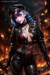 1girls absurdres ai_generated arcane arcane_jinx belt big_breasts blue_hair bullet celebrity choker cleavage crazy_girl detailed evil_smile female female_only gloves high_quality highres hourglass_figure jinx_(league_of_legends) latex league_of_legends leak leaked leather leather_clothing leather_jacket leggings logart looking_at_viewer military_uniform nazi necklace purple_eyes riot_games seductive sensitive small_breasts smile smiling solo stable_diffusion tagme tattoo twin_braids white_skin yandere