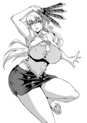 1girls alternate_costume big_breasts black_and_white blonde_hair dynasty_warriors female female_only hands_up huge_breasts knives large_breasts light-skinned_female light_skin mifune_seijirou miniskirt ponytail sandals short_skirt thick thick_thighs wang_yuanji white_background