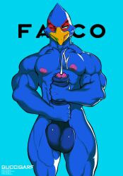 anthro avian balls beak big_balls big_penis bird blue_body bodily_fluids cum cumshot ejaculation erection falco_lombardi foreskin genital_fluids genitals guccigarf hi_res humanoid_genitalia humanoid_penis male muscular muscular_male nintendo nipples nude penis simple_background solo star_fox tongue