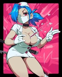 1girls between_breasts big_breasts blue_hair breasts cleavage dress eyepatch female gloves hat highres large_breasts liquid long_hair mask nurse nurse_cap object_on_breast pale_skin ponytail qewie short_dress short_sleeves skullgirls test_tube valentine_(skullgirls)