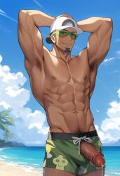 1boy abs ai_generated ai_golden_map armpit_hair armpits beach beard cum cum_drip dark-skinned_male green-tinted_eyewear hat kukui_(pokemon) looking_at_viewer looking_down looking_down_at_viewer low-angle_view male male_only muscular muscular_male nipples novelai outdoors pecs penis penis_out pokemon pokemon_sm pubic_hair solo sunglasses tagme tinted_eyewear