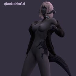 1girls 3d 3d_(artwork) au_ra blender blender_(software) blender_eevee dark_skin dragon_girl female female_focus female_only final_fantasy final_fantasy_xiv horns kodashbold lizard_girl partially_clothed scales square_enix tail