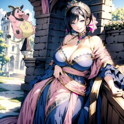 ai ai_generated black_hair blue_eyes castle dress headdress huge_breasts humanization humanized_pokemon mill miltank nintendo pokemon pokewomen short_hair standing