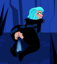 1girls ass ass_focus blue_eyes blue_hair cassandra_(tangled) looking_at_viewer looking_back pussy ripped_pants short_hair sournack tangled thighs torn_bodysuit torn_clothes