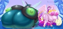 2019 5_fingers absurd_res alicorn anthro areola arthropod belly big_belly big_breasts blues64 breasts changeling dialogue duo english_text equid equine female fingers friendship_is_magic hand_behind_head hasbro hi_res horn huge_belly huge_breasts hyper hyper_belly hyper_breasts lesang mammal my_little_pony mythological_creature mythological_equine mythology nipples princess_cadance_(mlp) queen_chrysalis_(mlp) signature text wings