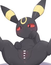 anus black_body black_eyes blush bodily_fluids censor_bar censored eeveelution female feral generation_2_pokemon genitals hi_res himimi lying nintendo on_back pokemon pokemon_(species) pokephilia pussy quadruped red_sclera solo spread_legs spreading sweat umbreon yellow_body zoophilia