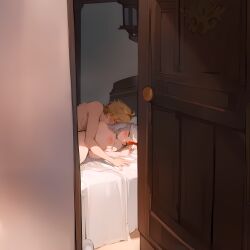 1boy 1girls aether_(genshin_impact) after_sex ai_generated bed bedroom caught cheating_boyfriend iulow long_hair mihoyo ningguang_(genshin_impact) peeking_through_door sleeping