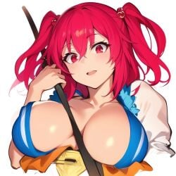 1girls ai_generated big_breasts breasts cookie_(touhou) female hair_ornament komachi_onozuka large_breasts looking_at_viewer nucky☆ onozuka_komachi red_eyes red_hair shishou_(cookie) touhou twintails