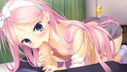 1boy all_fours bedroom blue_eyes blush cafe_stella_to_shinigami_no_chou censored erection fellatio female game_cg hairband highres indoors long_hair mosaic_censoring muririn official_art on_bed oral penis pink_hair sex shioyama_suzune solo_focus straight