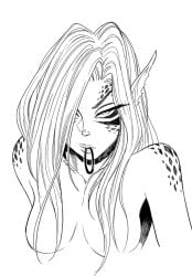 1girls baldur's_gate_3 bedhead breasts come_hither facial_tattoo female female_only gith gith_(dungeons_&_dragons) githyanki hair hair_covering_breasts hair_covering_eye hair_over_one_eye hairband hairband_removed lae'zel long_hair looking_at_viewer monochrome nude nyachooh pointy_ears sultry_eyes tagme tattoo tattoos