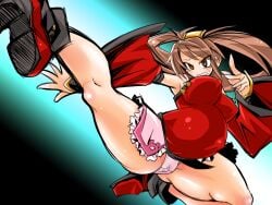 1girls arc_system_works brown_eyes brown_hair chiru erect_nipples_under_clothes guilty_gear kick kuradoberi_jam outie_navel panties pregnant tagme