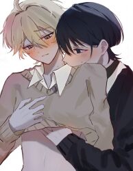 2boys anime_style beige_shirt black_hair black_shirt blonde_hair blonde_hair blush blush collared_shirt crying crying_with_eyes_open femboy gay gentle gentle_touching gently humiliated puppy_eyes safe_for_work sfw sfw_version touching touching_stomach twink white_background white_collared_shirt
