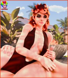 1boy 1girls artemis_(fortnite) fortnite handjob red_hair slymyguy swimsuit tagme