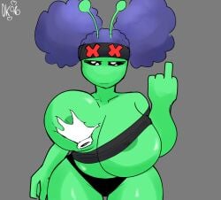 alien alien_girl areola big_breasts big_thighs breast_grab breasts_bigger_than_head daisykitty96 disembodied_hand huge_breasts mari_(daisykitty96) middle_finger