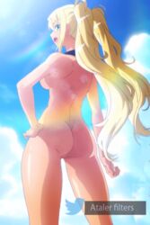 1girls ass atalerfilter blonde_hair dark-skinned_female dumbbell_nan_kilo_moteru? edit female hip_grab hips looking_at_viewer looking_back looking_down nude nude_filter pussy sakura_hibiki screenshot_edit sideboob skinny_dipping tan teeth