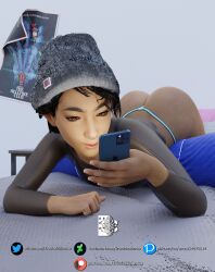 1girls 3d ass beanie bed black_hair brown_eyes cellphone clementine_(the_walking_dead) female female_focus female_only frostedzai_(artist) headwear nose_piercing nose_ring on_bed petite poster punk solo_female teenage_girl teenager the_walking_dead the_walking_dead_game thick_ass thong tomboy