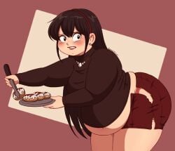 1girls ashamed black_hair blush chubby clothed clothing donut embarrassed fat_ass female female_only lily_(pocharimochi) long_hair obese overeating plump pocharimochi shame stuffing thick_thighs torn_clothes wardrobe_malfunction weight_gain